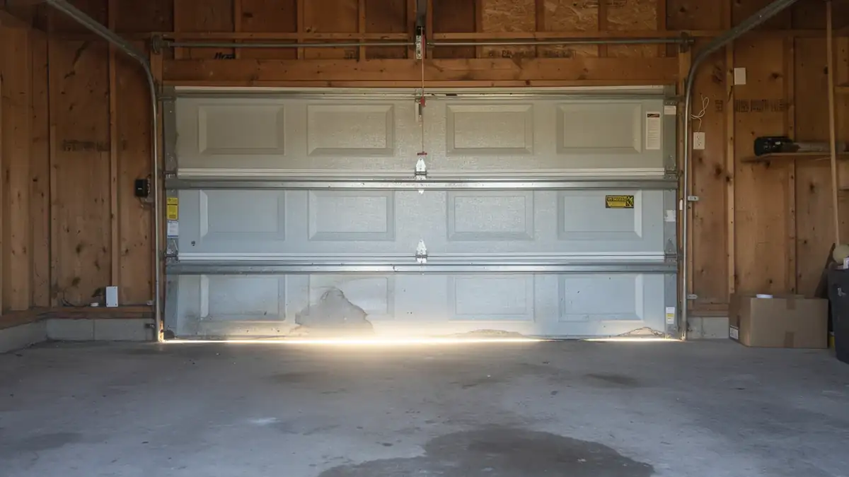 The garage door is slightly open, revealing a bright light underneath.