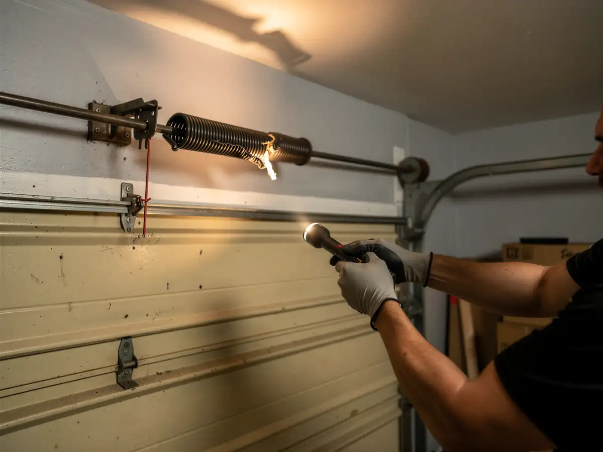 A technician shines a flashlight on a broken garage door torsion spring.