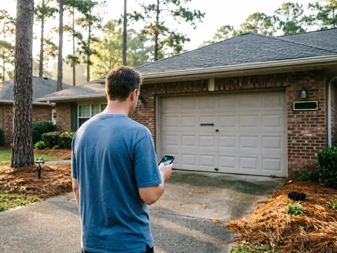 A man in a blue shirt stands in a driveway, looking at his phone.